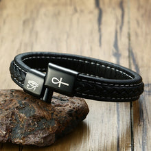 Load image into Gallery viewer, Black Leather Pulsera Bracelet with the Eye of Horus and Ankh Engraving