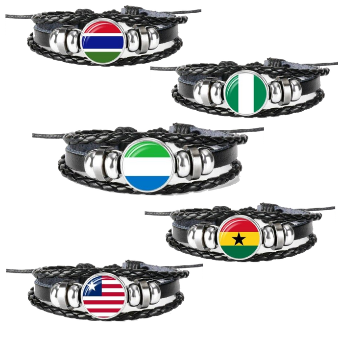 West African Nations Flag Pendant Leather Bracelets Set