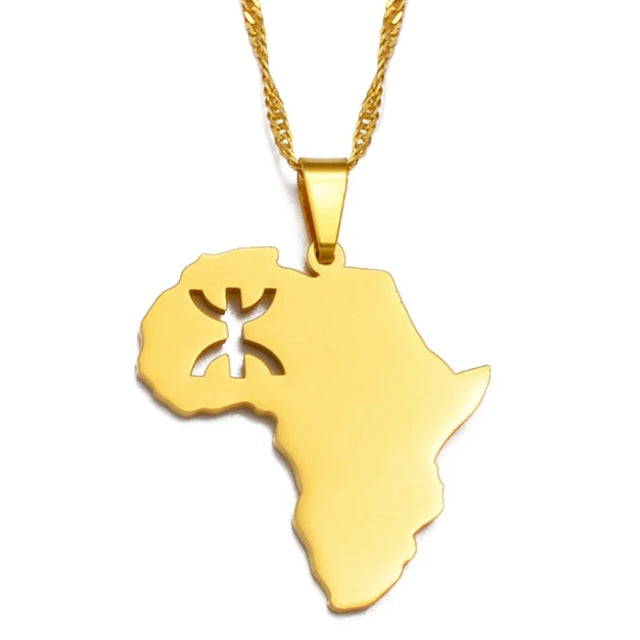 African Continent Map with Berber Symbol Necklace