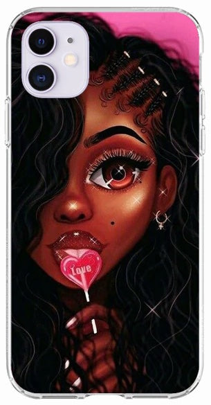Girl with Lollipop Braids and Left Eye Opened Transparent Melanin Poppin iPhone Smartphone Case
