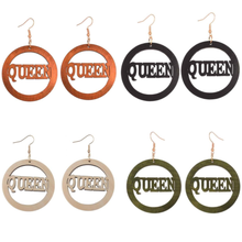 Load image into Gallery viewer, Round Wooden &quot;Queen&quot; Text Earrings