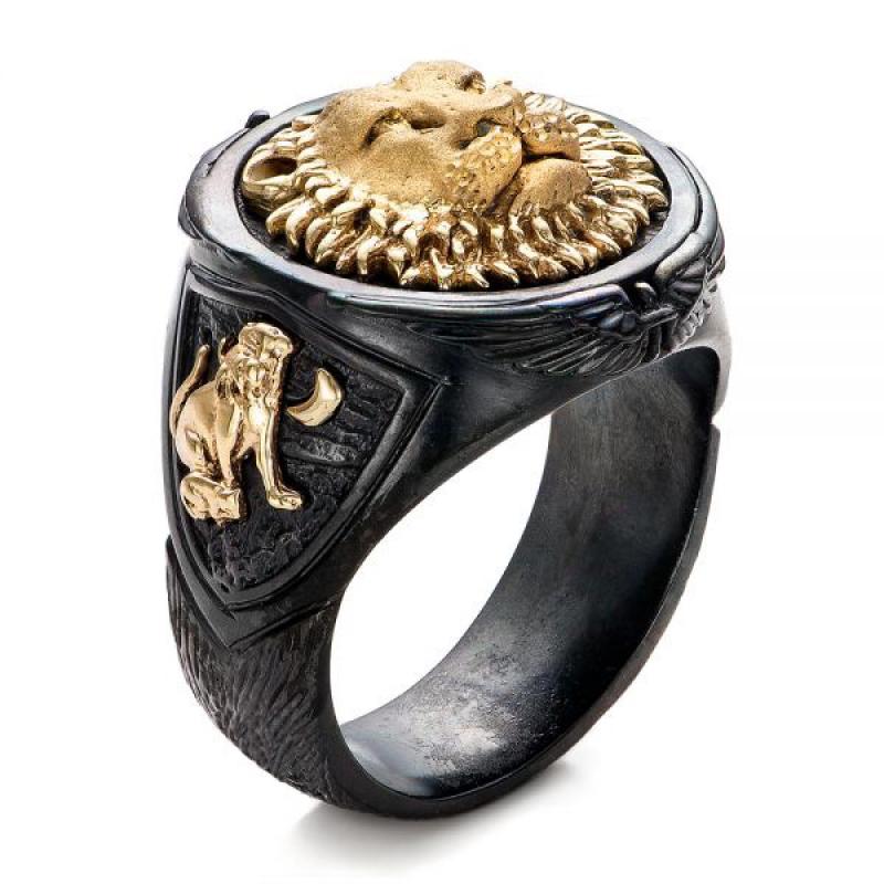 Black and Gold Lion Head Motif Ring