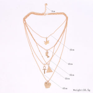 Multi-Layered Ankh, Pyramid, Heart and Maple Leaf Pendant Necklace