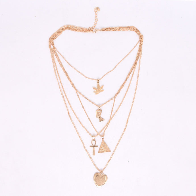 Multi-Layered Ankh, Pyramid, Heart and Maple Leaf Pendant Necklace