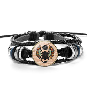 Scarab Glass encased Pendants in Braided Multilayer Black Leather Bracelets