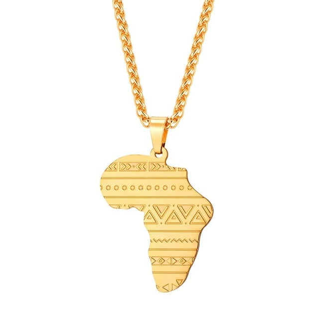 African Continent Map with Traditional Pattern Pendant Necklace