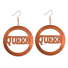 Load image into Gallery viewer, Round Wooden &quot;Queen&quot; Text Earrings