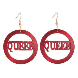 Round Wooden "Queen" Text Earrings