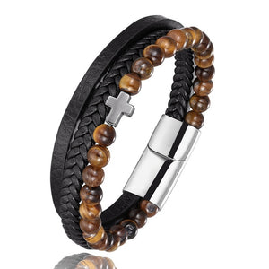 Stainless Steel and Leather Bracelet with 6mm tiger Eye Beads and Hematite Cross