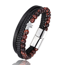 Load image into Gallery viewer, Stainless Steel and Leather Bracelet with 6mm tiger Eye Beads and Hematite Cross