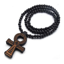 Load image into Gallery viewer, Textured Wooden Ankh Pendant Necklace with Gye Nyame Adinkra Symbol