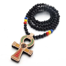 Load image into Gallery viewer, Textured Wooden Ankh Pendant Necklace with Gye Nyame Adinkra Symbol