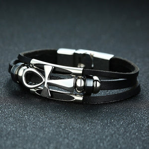 Double Layer Steel and Leather Ankh Bracelet