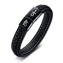 Load image into Gallery viewer, Black Leather Pulsera Bracelet with the Eye of Horus and Ankh Engraving
