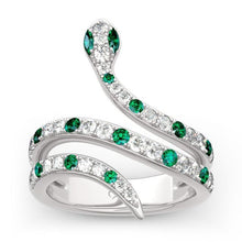 Load image into Gallery viewer, White Silver Coiled Snake Ring with Green and White Rhinestone Crystals Inlaid