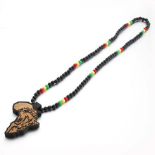 Load image into Gallery viewer, Engraved Roaring Lion on Wooden African Continent Map Necklace