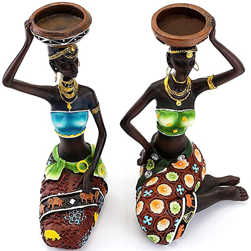 Sculpted African Women Figurine Decorative Candle Holder