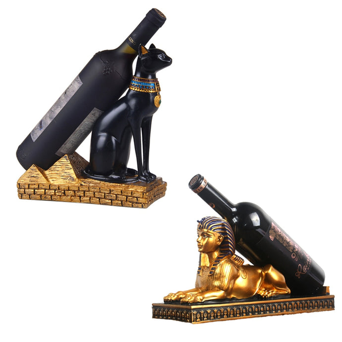 Ornamental Egyptian Figurine Statues Bastet and The Sphinx Wine Bottle Holders