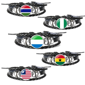 West African Nations Flag Pendant Leather Bracelets Set
